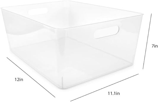 Isaac Jacobs 3-Pack XL Clear Storage Bins (12” L x 11.1” W x 7” H) with Cutout Handles, Plastic Organizer for Home, Office, Kitchen, Fridge/Freezer, Drawers, BPA Free, Food Safe (3-Pack, Extra-Large)