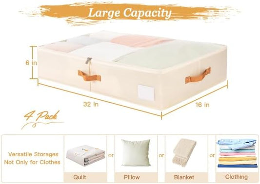 Criusia Under Bed Storage Bins with Clear PVC Lids – 4 Pack Large Underbed Organizers with Heavy-Duty Handles, Reinforced with 800G PP Panels & 80G Non-Woven Fabric – Waterproof & Foldable, Beige