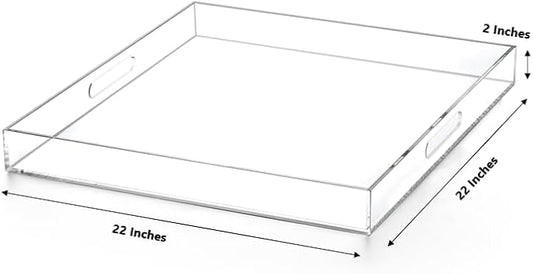 Extra Large Clear Modern Acrylic Ottoman Tray with Cutout Handles 22x22 Inch Over-Sized Serving Tray Organizer Boot Tray Decorative Tray for Living Room Bedroom Entryway and Kitchen Tabletop