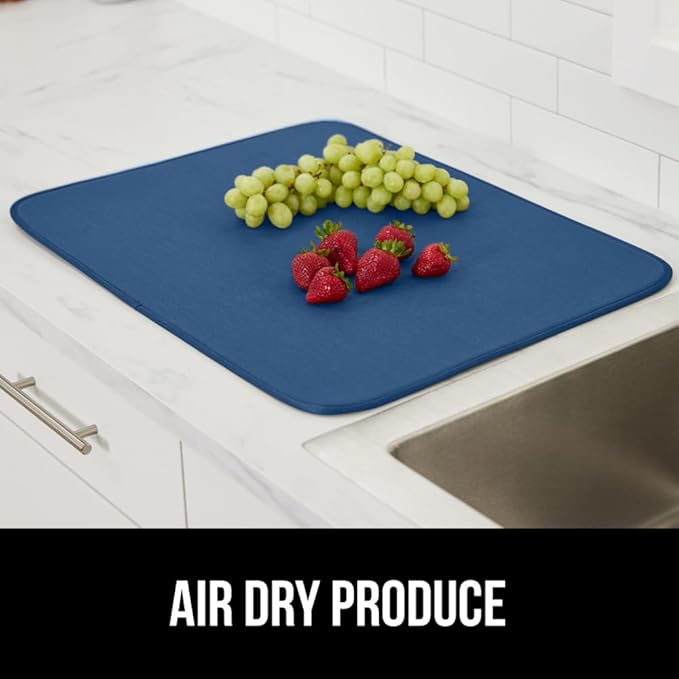 GORILLA GRIP Ultra Water Absorbent Microfiber Dish Drying Mat, Quick Dry Thick Mesh, Slip Resistant Pad for Sink Dishes or Under Rack, Kitchen Counter Accessories, Machine Wash, 18x16 Inch, Blue
