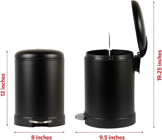 Glad Small Trash Can, 1.2 Gallon | Round Stainless Steel Garbage Bin with Soft Close Lid & Step Foot Pedal | Black Metal Waste Basket with Removable Inner Bucket, Matte Black