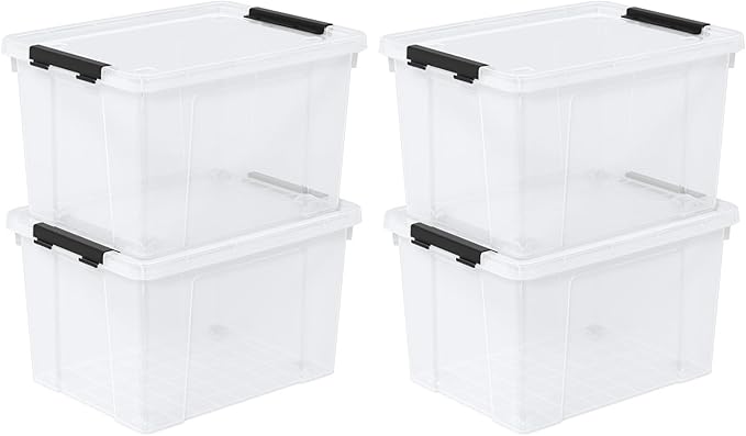 Neadas 22 Quart Plastic Clear Storage Box with Wheels, Plastic Storage Bins with Lids, Latching Bins, 4 Packs