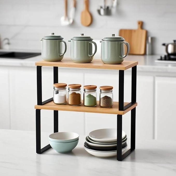 Kitchen Cabinet Organizer Shelf, Set of 2 Stackable Counter Shelves, Small Wood Cabinet Riser Shelf for Pantry Cupboard Spice Dish Mug Cup, Expandable, Metal Engineered Wood (Beige & Black, 11.7''W)