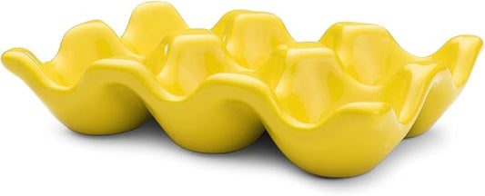 Flexzion Ceramic Egg Holder for Fridge - 6 Cups Egg Tray Half Dozen Porcelain Container Keeper Storage Organizer Decorative Serving Dish Serveware for Refrigerator Countertop Display Kitchen (Yellow)