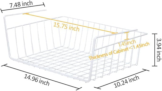 4 Pack Under Shelf Basket, Dveda Durable Metal Wire Rack Hanging Shelf Storage Basket, Under Cabinet Organizer Shelf for Kitchen/Pantry/Bathroom/Desk - Slide Arms Height:1.45 in(White)