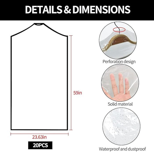 BEISHIDA 20PCS 60 Inch Plastic Garment Bag-Plastic Clear Dry Cleaner Laundry Bags for Clothes Cover, Hanging Clothes Storage for Long Dresses Skirt Coat Suit Shirt Jacket