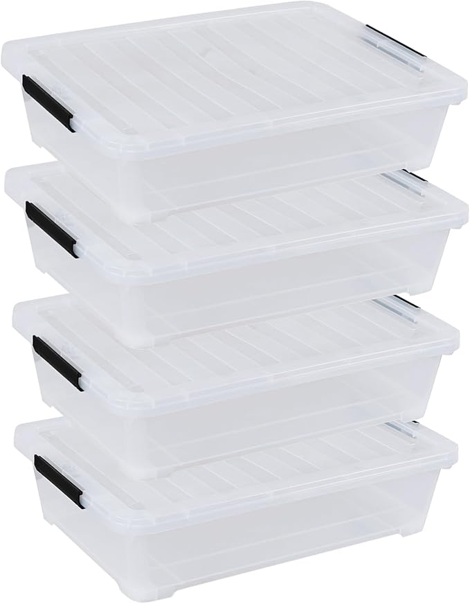Feicanhao 42 L 4 Packs Plastic Under Bed Storage Container with Lids, Clear Underbed Storage Bin with Wheels