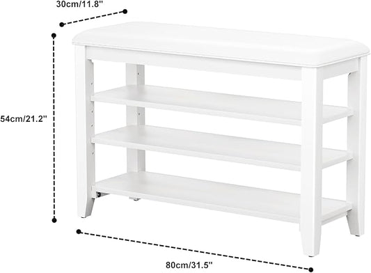 Entryway Shoe Storage Bench with Leather Cushion, Shoe Organizer Bench for Entryway, Ideal for Hallways Front Doors Entrances Mudrooms Featuring Rubberwood And 3 Height-Adjustable & Removable Shelve