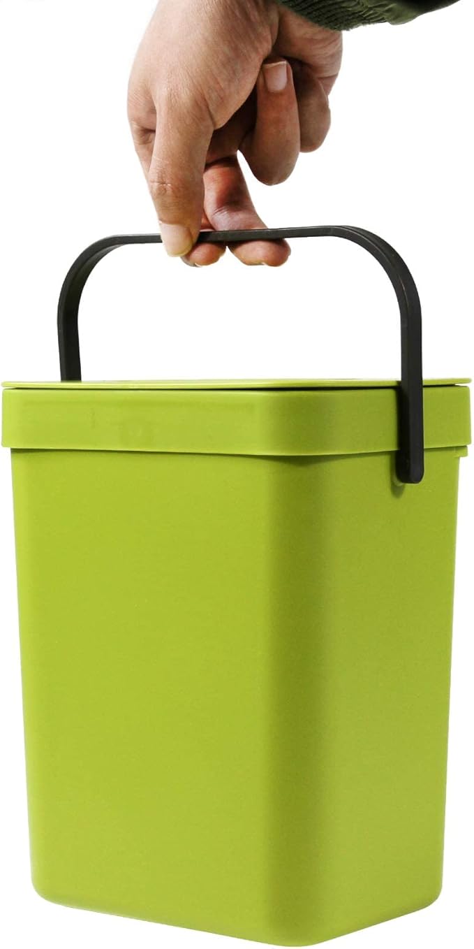 Domiella 2 Pack Hanging Small Trash Can with Lid (1.3 + 0.8 Gal), Kitchen Compost Bin for Countertop or Under Sink, Mountable Food Waste Bin for Cabinet, Bathroom, or RV Use (Green)