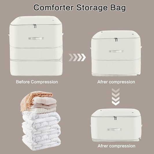 Space Saving Self Compression Organizer,Compression Storage Bags for Bedding and travel,Storage bags for Blankets Duvet Quilts Pillows, Comforter Storage with zippered ventilation holes(beige XL)