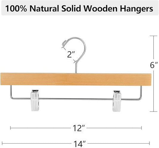AMKUFO 20pcs Wooden Pants Hangers Solid Pants Hanger with Adjustable Clips 14 Inch Natural Wood Skirt Hangers Trousers Bottom Hanger with Non-Slip Clips and 360° Swivel Hook