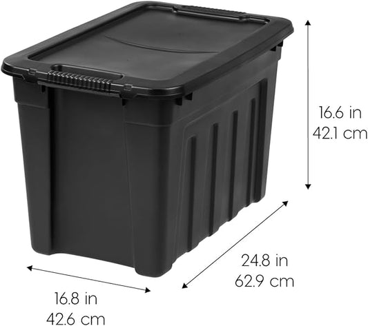IRIS USA 20 Gallon Heavy Duty Storage Totes with Easy-Grip Handles, 4 Pack - Large Bins with Lids Garage Organizing Tubs, Durable Stackable Utility Containers, Made in USA - Black
