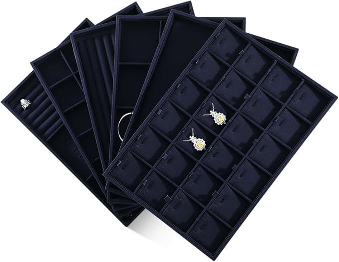 Dansmiy Linen Stackable Necklace Storage Tray, 24 Grid Pendant Display Tray, Jewellery Shop Counter Showcase Table Top Organizers, Makeup Table Drawer Insert Jewelry Tray