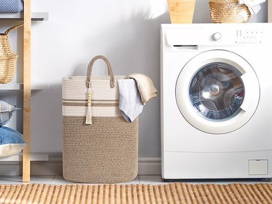 Woven Laundry Basket for Clothes, 50 L Large Rectangle Laundry Hampers with Beads Tassel, Nursery Storage Basket for Toys, Tall Dirty Clothes Hamper for Bedroom Aesthetic, Laundry Room Organization