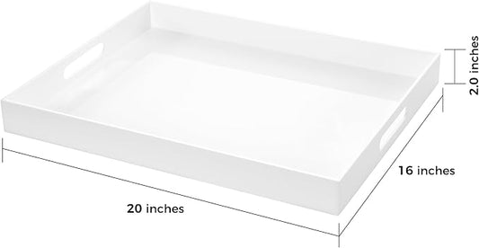 White Rectangular 16x20 Inches Acrylic Ottoman Tray Decorative Serving Tray with Cutout Handles Organizer Tray on Coffee Table Countertop Big Breakfast Bed Tray Living Room Appetizer Serving Food