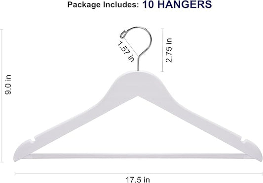 Amber Home White Wooden Hangers - 10 Pack, Non Slip Pant Bar Coat Hangers for Shirts, Jackets, Dresses