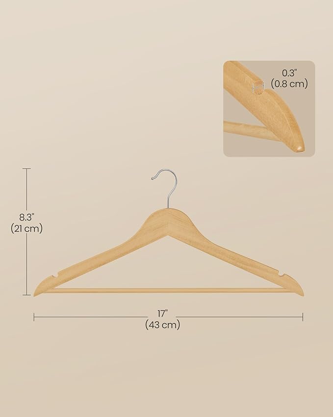 SONGMICS Wooden Hangers, Pack of 20, Coat Hangers, Pants Bar, 360° Swivel Hooks, Solid Birch Wood, 0.3-Inch Thick, Space Saving, for Jackets, Shirts, Coats, Natural Beige UCRW040K01