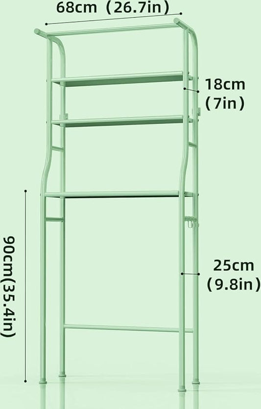 Over The Washer and Dryer Storage Shelf, 3 Tier Laundry Room Metal Drying Rack with Towels Hangers, Space Saver Organizer for Hanging Clothes and Towels (Metal White RA2)