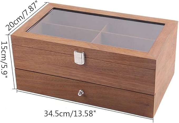 DouSeiAi Double Layer Wooden Sunglasses Organizer, 12 Grids Sunglasses Storage Box, Sunglasses Display Case with Lock Eyewear Holder Organizer Mahogany