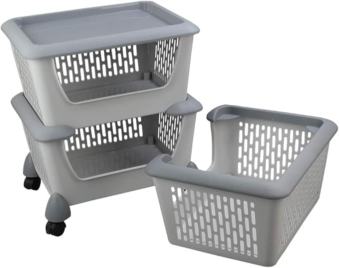Asking Gray Plastic Kitchen Stackable Storage Basket, 3-Tier Stacking Organizer Basket with Wheeles
