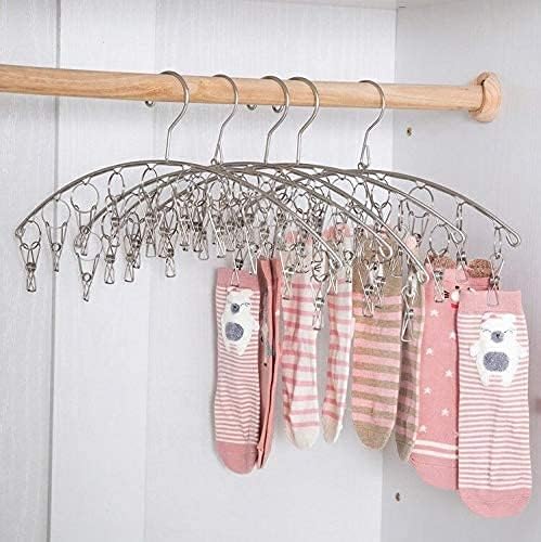 Clothes Hanger with 10 Clips, Stainless Steel, Windproof, for Drying Socks, Bras, Underwears, Baby Clothes, Hats, Scarfs, Towels, Pants and Gloves (6 Pack)
