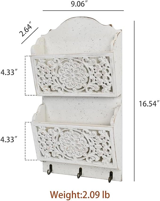 Rustic Key and Mail Holder for Wall Home Decorative,2-Slot Mail Organizer Wall Mount with 3 Hooks, Wooden Key Hangers Wall File Organizer Letter Sorter for Letter Magazines(White)
