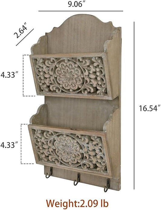 Rustic Key and Mail Holder for Wall Home Decorative,2-Slot Mail Organizer Wall Mount with 3 Hooks, Wooden Key Hangers Wall File Organizer Letter Sorter for Letter Magazines(Brown)
