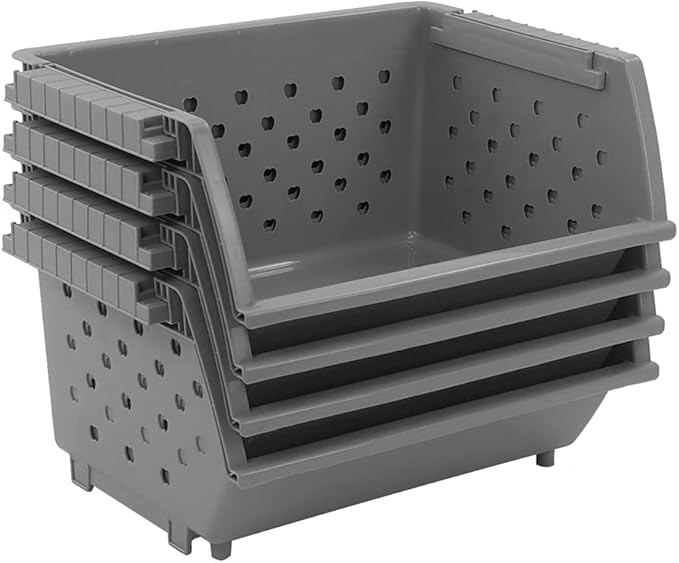 4-Pack Large Plastic Stackable Storage Basket, Plastic Kitchen Stacking Baskets, Grey
