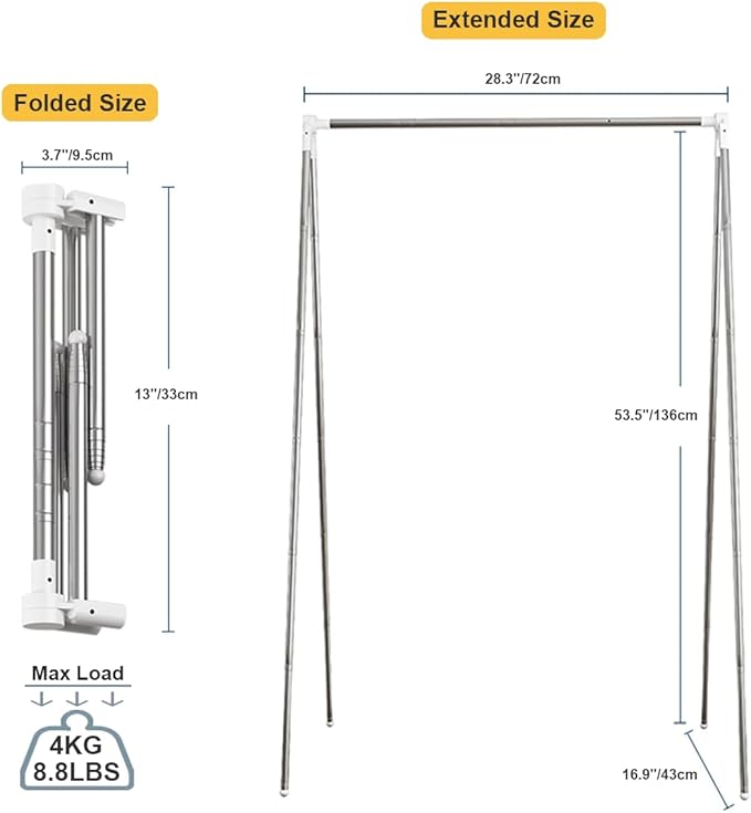 Portable Garment Rack, Folding Clothes Rack, Collapsible Clothing Rack for Dance, Travel, Camping, Laundry, Indoor, Outdoor, Drying, RV, Mini Compact Racks White + 3 Foldable Clothes Hangers