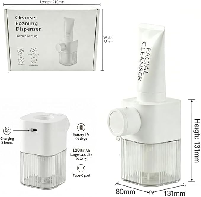 Automatic Facial Cleanser Foamer, USB Rechargeable Touchless Foam Dispenser Designed for Amino Acid & Low-Foaming Face Wash, Adjustable Output, IPX6 Waterproof, Compatible with Hand Soap & Body Wash