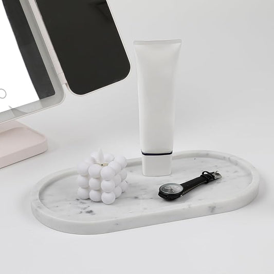 Faticdorr Carrara White Marble Tray, 2 Pcs, Marble Vcnity Tray, Bathroom, Decor for Trinket Perfume Jewelry Candle, 12 Inch Oval