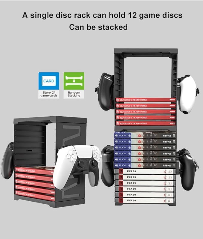 Video Game Storage Tower for PS5 PS4 Xbox Nintendo Switch Games, Universal Discs Organizers 24 PCS with 4 Controllers Holder, Disk Box Stand Rack Accessories