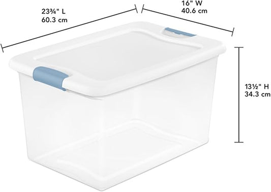 Sterilite 18-Pack Latching Box, Under Bed Storage Bins with Lids, Clear Plastic, 64 Quart - Heavy-Duty Organizing Containers for Closet, Bathroom, and Office