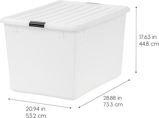 IRIS USA 144 Qt Stackable Plastic Storage Bins with Lids, 3 Pack - BPA-Free, Discreet Organizing Solution, Latches, Durable Nestable Containers, Secure Pull Handle, Made in USA - Pearl