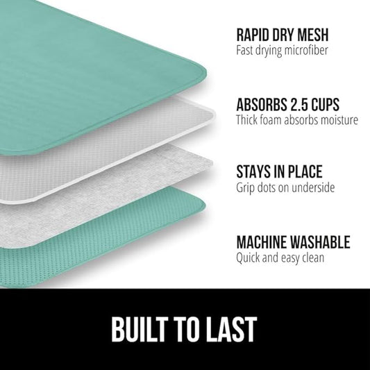 GORILLA GRIP Ultra Water Absorbent Microfiber Dish Drying Mat, 18x24, Quick Dry Thick Mesh, Slip Resistant Pad for Sink Dishes or Under Rack, Kitchen Counter Accessories, Machine Wash, 2 Pack Mint