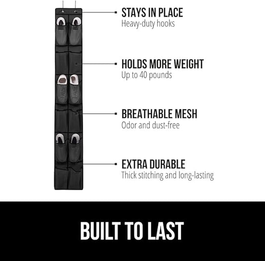 GORILLA GRIP Over the Door Shoe Organizer, 12 Large Breathable Mesh Pockets, Space Saving Hanging Storage Holder, 2 Hook Closet Rack Hanger, Hangs on Closets for Shoes, Accessories, 64H x 9.5W Black