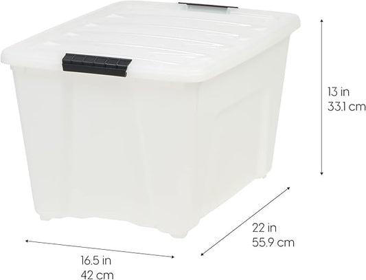 IRIS USA 54 Qt Stackable Plastic Storage Bins with Lids, 6 Pack - BPA-Free, Made in USA - Discreet Organizing Solution, Latches, Durable Nestable Containers, Secure Pull Handle - Pearl