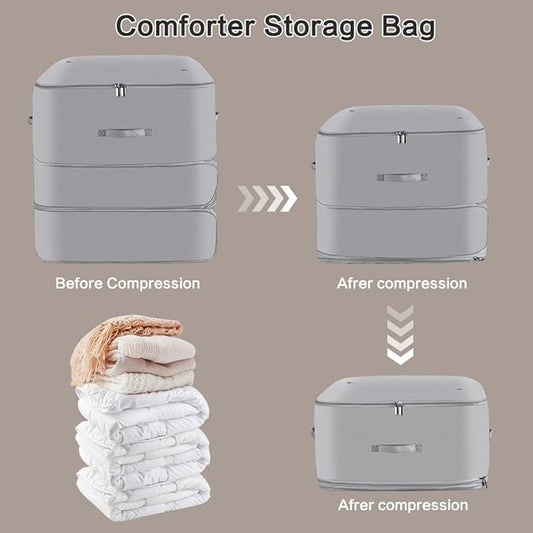 Space Saving Self Compression Organizer,Compression Storage Bags for Bedding and travel,Storage bags for Blankets Duvet Quilts Pillows, Comforter Storage with zippered ventilation holes(Grey XL)