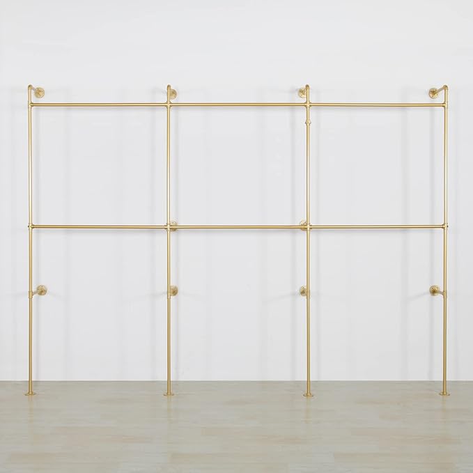 Wall Mounted Industrial Pipe Clothing Garment Racks, Metal Clothing Store Display Stands Clothes Rack Multi-purpose Heavy Duty Hanging Rod for Closet Storage, 134in Gold