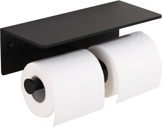 Toilet Paper Holder - Double Rolls Toilet Tissue Holder with Phone Shelf for Bathroom - TP Roll Holder with Wipes Storage, Wall Mounted by Adhesive Pad No Drilling or Screw - Matte Black