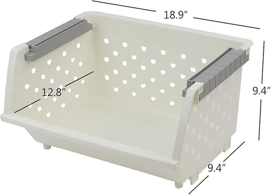 3 Pack Large Stackable Storage Bins Kitchen Plastic Stacking Basket, White