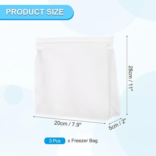 PATIKIL 8.7"x2"x7.9" Reusable Freezer Bag, 3 Pcs Leakproof Zip Food Storage Stand Up Bags Fridge Snack Vegetable Fruit Ice Container for Long-Lasting Freshness, Transparent