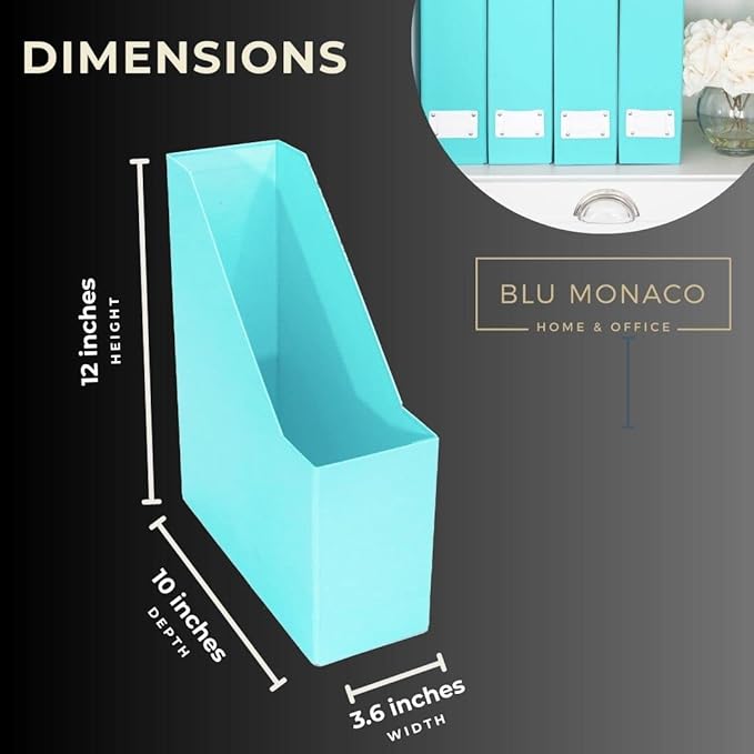 BLU MONACO Set of 6 Aqua Magazine File Holders | Foldable Magazine Storage Boxes with White Leather Label Holders | Vertical File Organizer for Desk, Shelves & Home Office