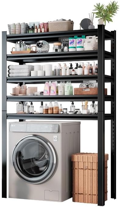 Over Washer and Dryer Shelves, 5 Tier Laundry Room Metal Freestanding Shelf, Adjustable Space-Saving Storage Shelving, Sturdy Washing Machine Rack Organizer, 39.4''W*15.75''D*77.44''H, Black