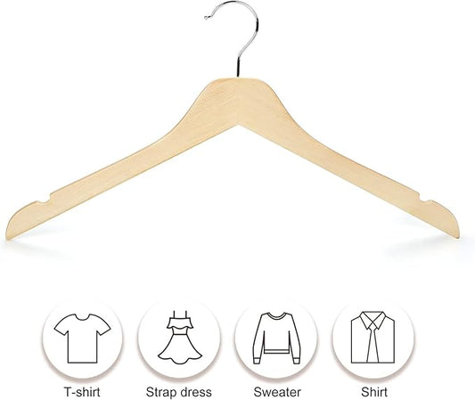 TOPIA HANGER Wooden Hangers 30 Pack, 0.28-inch Slim & Durable Clothes Hangers Space Saving, Natural Wood Hanger with 360°Swivel Hook and Smooth Notches for Coat,Shirts, Camisoles-CT31N