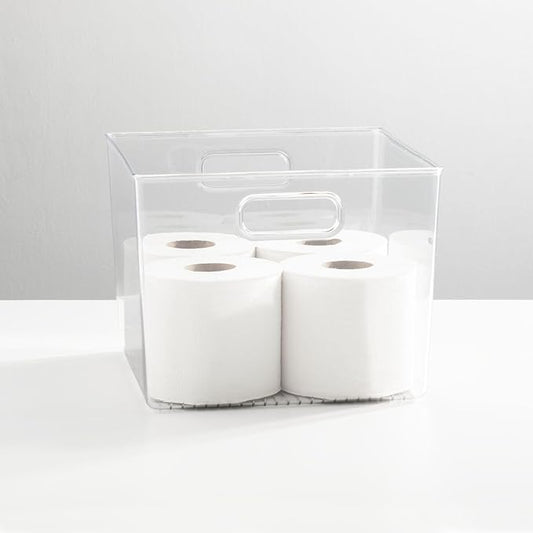 mDesign Plastic Modern Storage Organizer Bin Basket with Handles for Bathroom Organization - Shelf, Cubby, Cabinet, Vanity, and Closet Organizing Decor - Ligne Collection - Clear