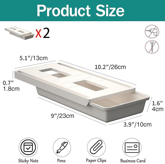 2Pack Under Table Desk Drawer Storage Organizer Slide Out, Hidden Self-Adhesive Under Desktop Pencil Tray Drawer for Office,Classroom,Kitchen(S/white)