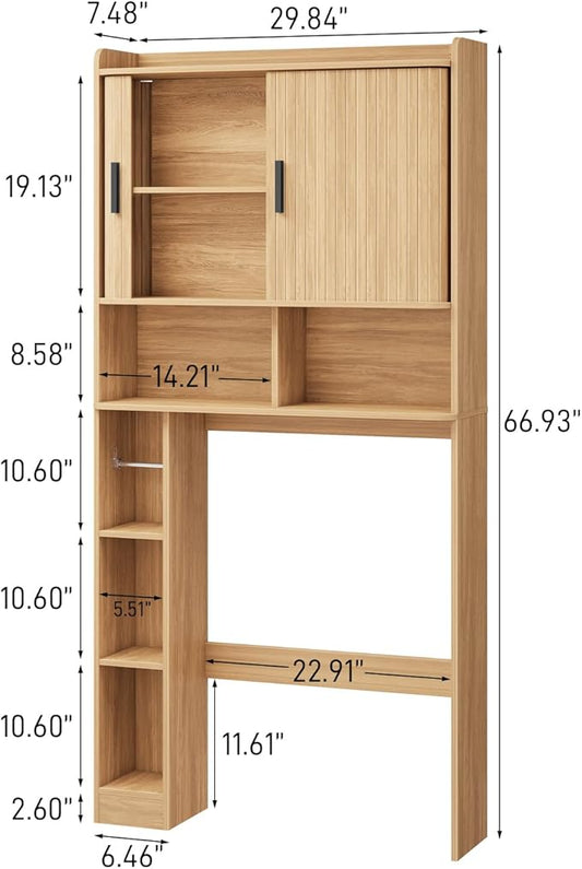 Over The Toilet Storage Cabinet,Farmhouse Toilet Cabinet Rack with 2 Tambour Sliding Doors and Toilet Paper Holder Stand,Toilet Shelf Space Saver with Towel Rack for Bathroom, Restroom, Laundry