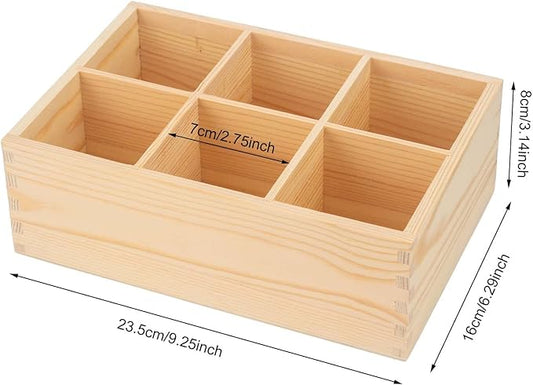 Wood Pen Holder, Unfinished Wooden Remote Control Pencil Holder Caddy, Rustic Table Organizer with 6 Compartments for Art Supplies, Pen, Phones, Home, Office, School Desktop