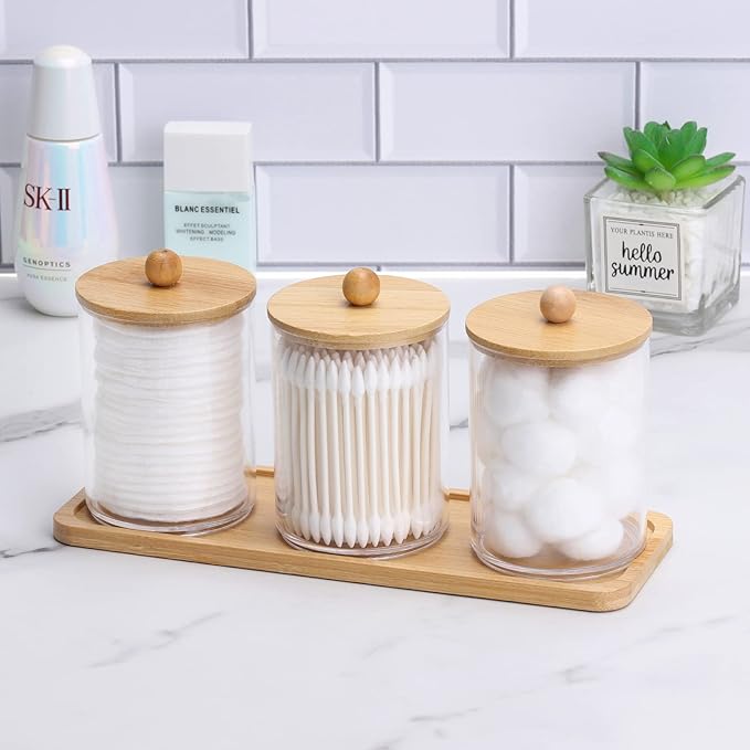 Tbestmax 10 Oz Cotton Swab/Ball/Pad Holder, Qtip Apothecary Jar, Clear Bathroom Containers Dispenser for Storage 3 Pack Wood Lids